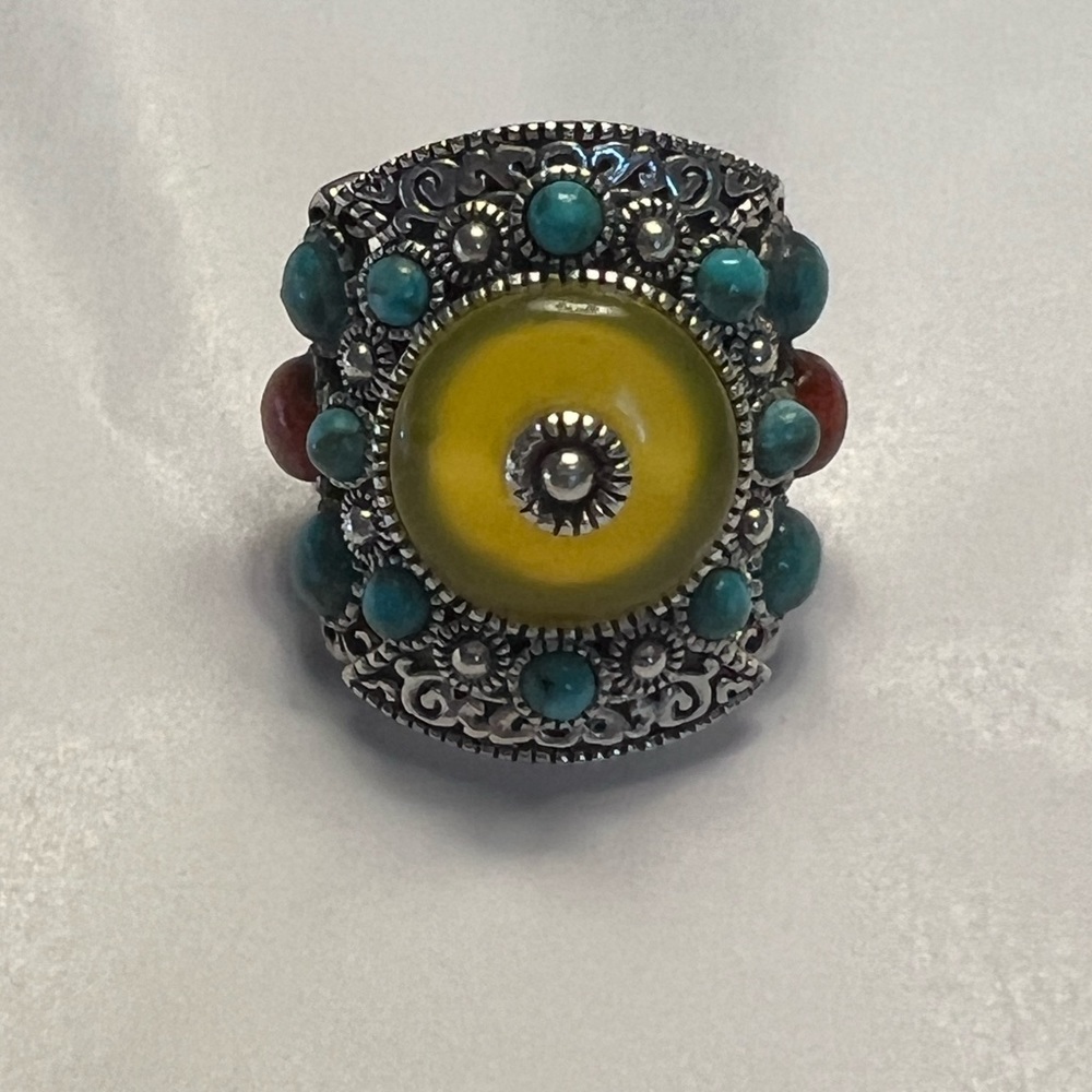 Yellow Onyx, Red Sponge Coral and Turquoise Sterling Silver Ring
